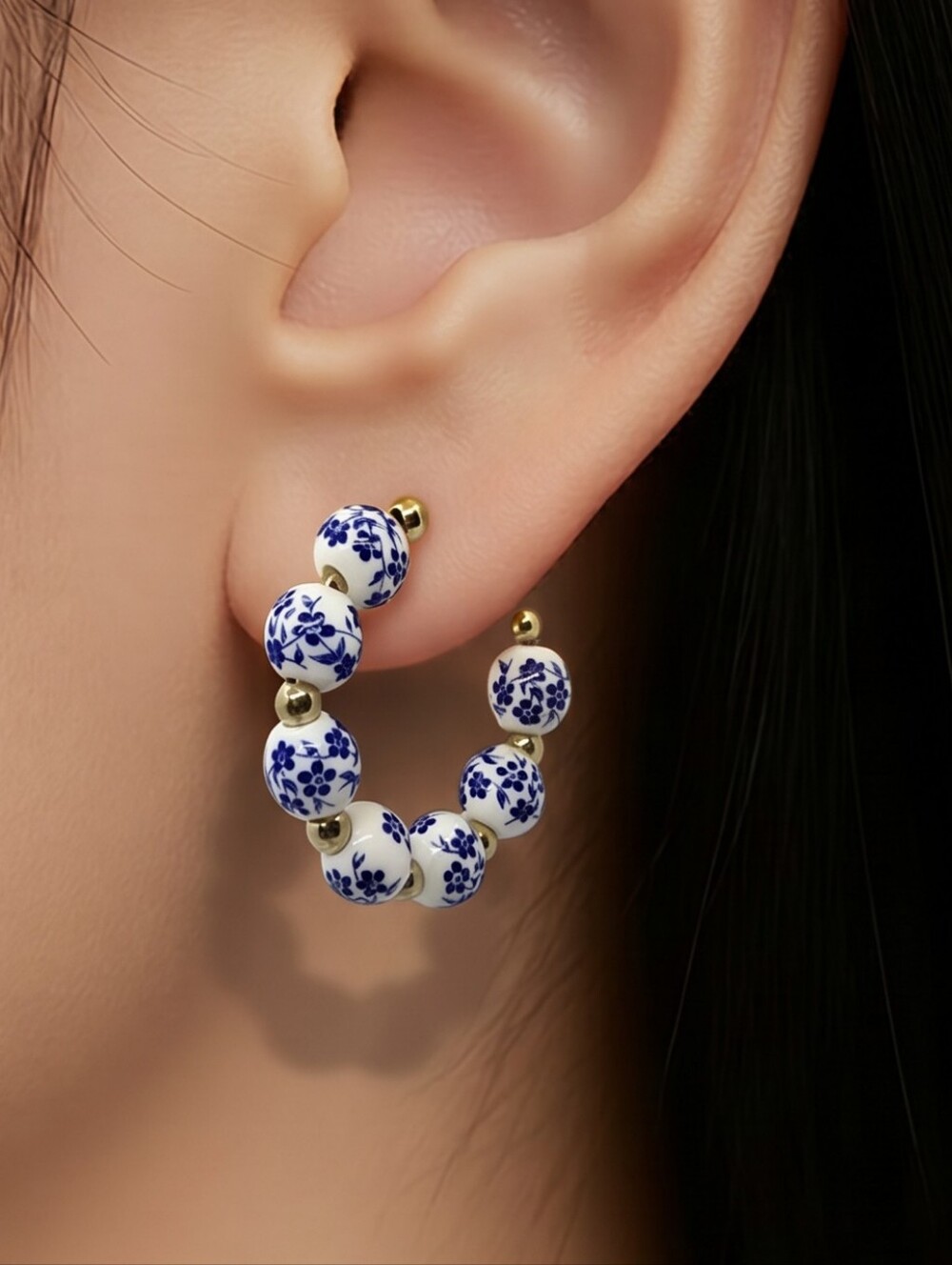 Blue Floral Porcelain Ceramic Beaded Hoop Earrings Vintage Inspired Jewelry NWT